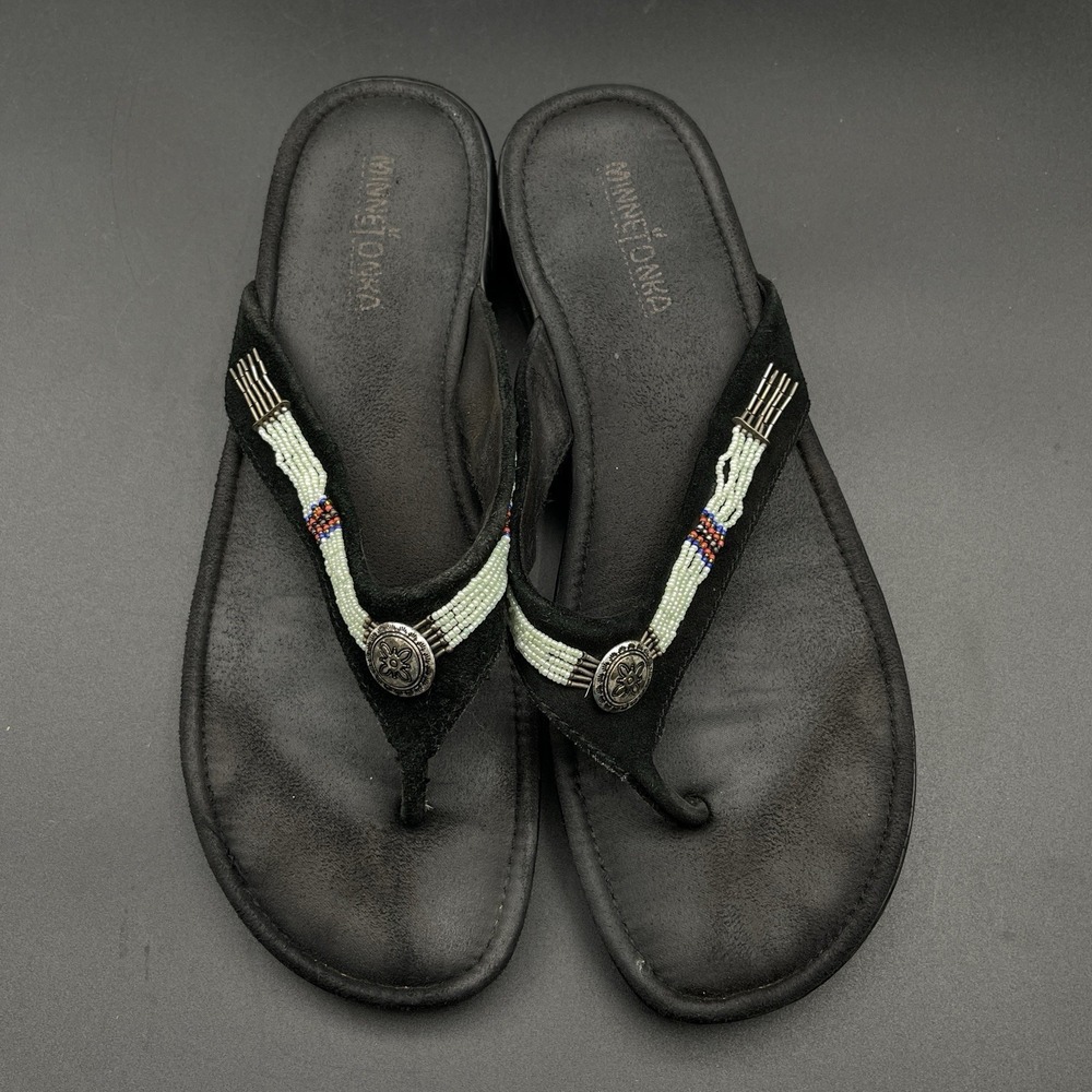 Minnetonka Beaded Thong Sandals Black Suede Womens Size 10 Boho Western